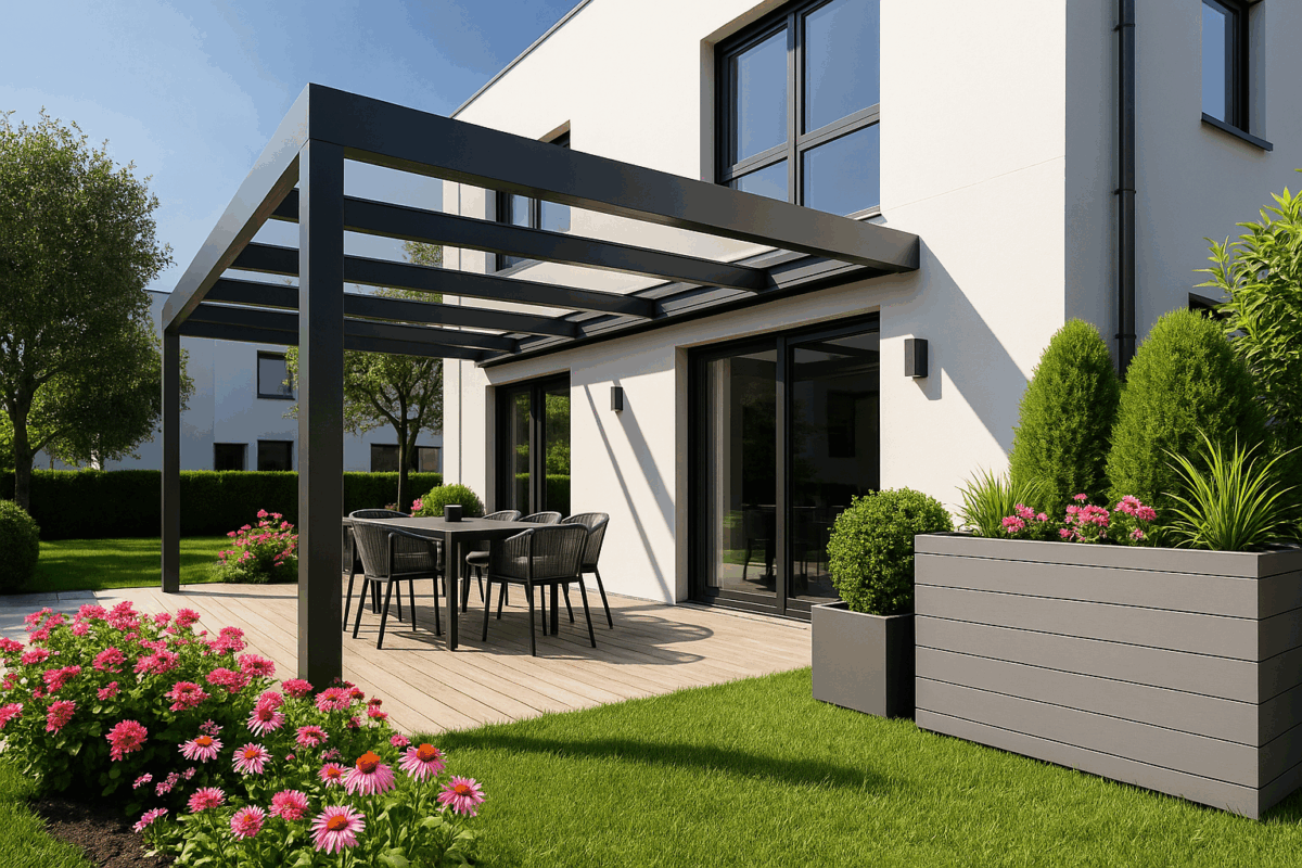 Moderne Terrasse mit Aluminiumüberdachung von aluterrassenwelt24 im Garten eines Einfamilienhauses