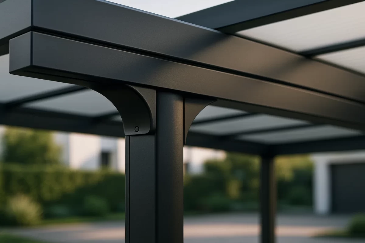 Detailaufnahme eines modernen Terrassendach aus Aluminium mit Fokus auf hochwertige Profile und Verbindungen