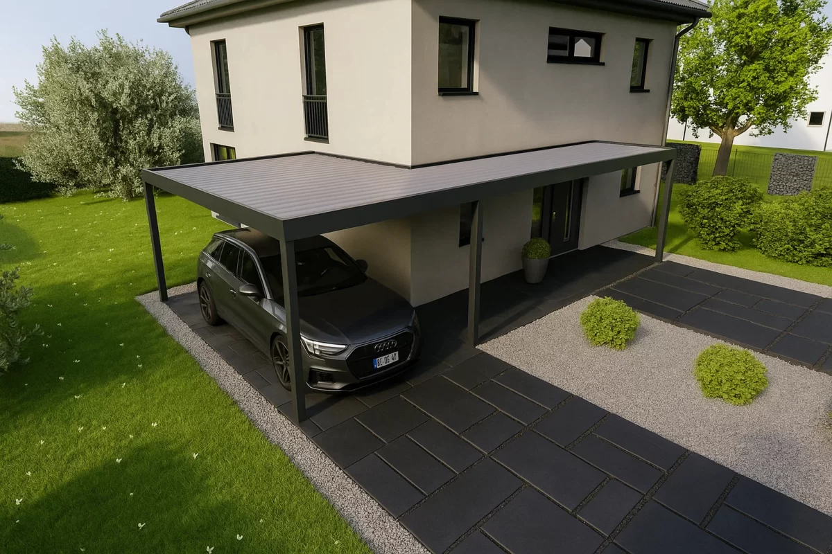 Moderner Carport aus Aluminium an einem Einfamilienhaus mit gepflastertem Weg und geparktem Auto