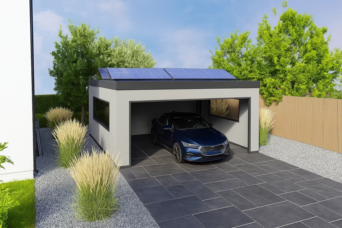 Freistehende moderne Garage mit Flachdach, Solarzellen und geparktem Elektroauto in gepflasterter Einfahrt